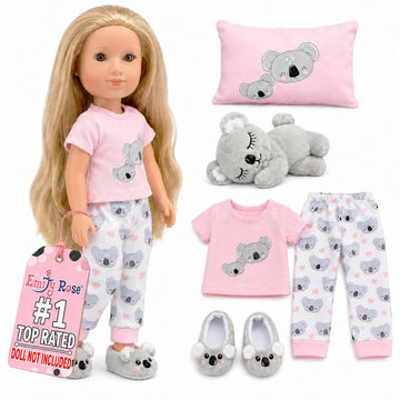 Emily Rose 14 Inch Doll Clothes - 5PC Koala Pajama PJ Sleepover Set with Slippers & Toy | USA Brand | PJs Compatible with Glitter Girls & Wellie