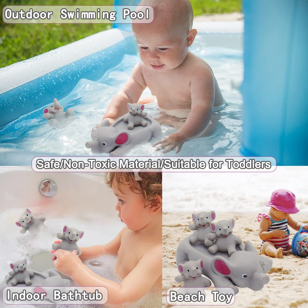 Bath Toys for Toddlers Infants 6 Months+, Floating Bathtub Elephant Toys Squeak Rubber Animal 4 Piece Set, Pool Beach Party Gift for Kids Boys Girls
