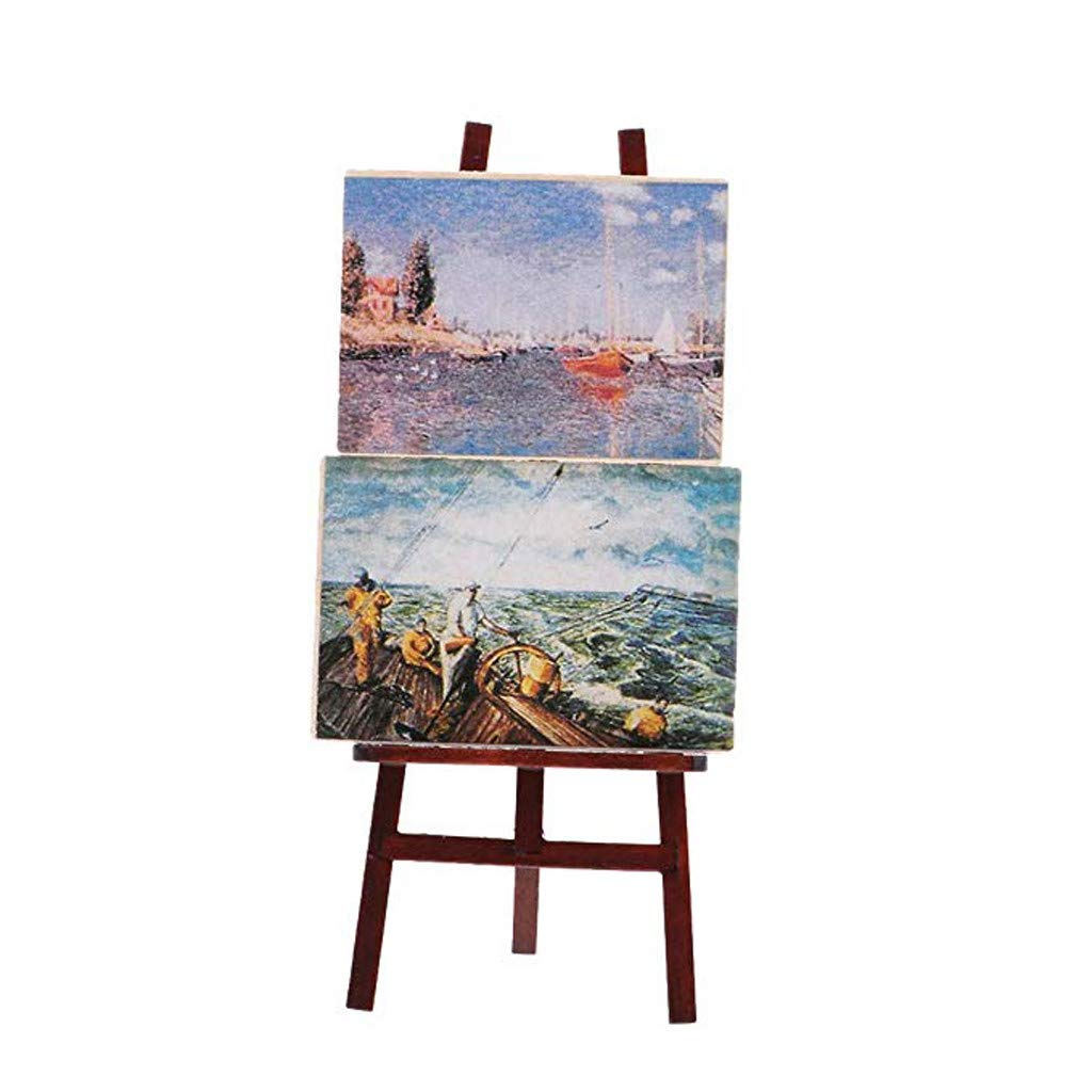 SXFSE Dollhouse Decoration Accessories, 1/12 Dollhouse Miniature Wooden Easel Oil Painting Set