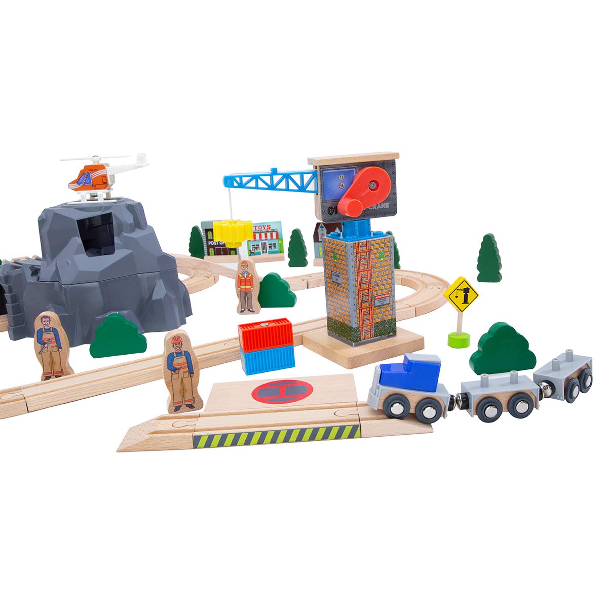 Wooden Train Set Kids Lift & Load Magnetic Crane Helicopter Semi Truck Shipping Containers Diesel Engine STEM Construction Playset Compatible