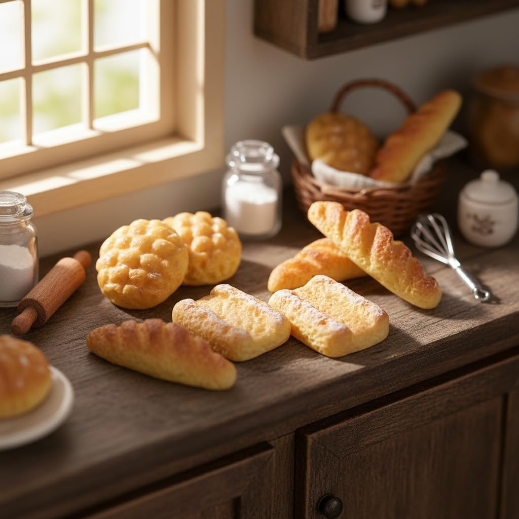 Hyper-Realistic Miniature Bread Set, 1/12 Scale Resin Food Props for Dollhouse Kitchens, Model Train Scenes, Photography and Mini Bakery Displays (6)