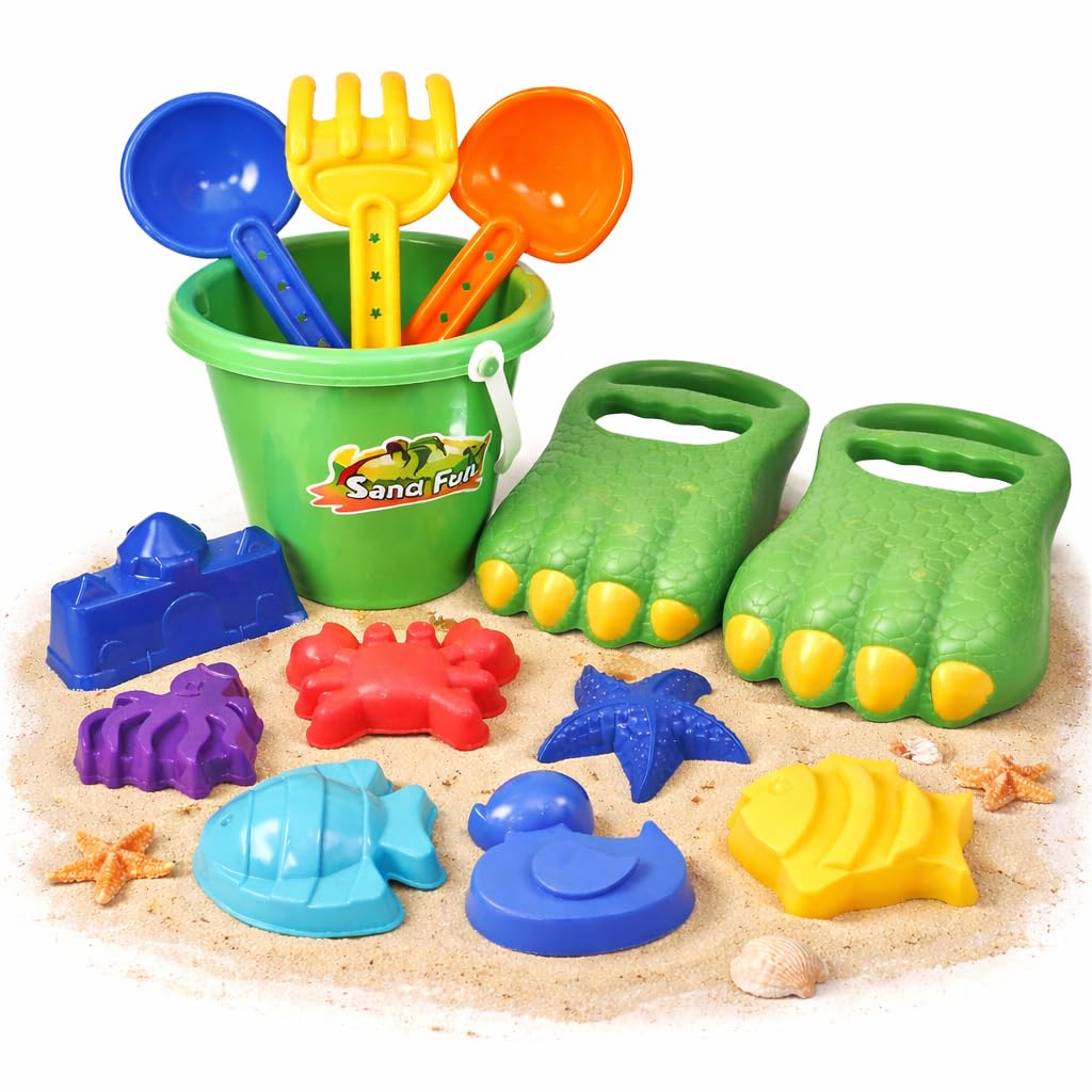 Liberty Imports 13 PCS Beach Sand Toys, Dinosaur Claw Hand Scoop Play Set with Bucket, Shovel Tools, Animal and Castle Sand Molds - Beach Sandbox Toys