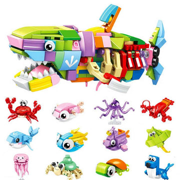 Easter Basket Stuffers Marine Animal Building Blocks Set, 12 in 1 Ocean Creatures Shark Fidget Toys, Party Favors for Kids, Classroom Birthday Gifts