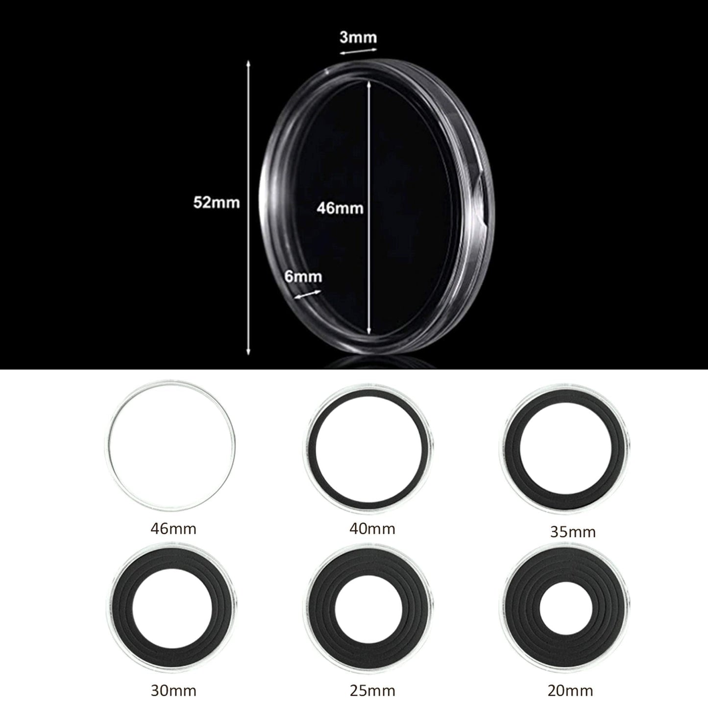 20 Sets Coin Capsules 46mm with 6 Sizes Foam Gaskets Coin Case Holder Protector for Coin Collection (Black Gaskets [20 PCS], [20/25/30/35/40/46MM])