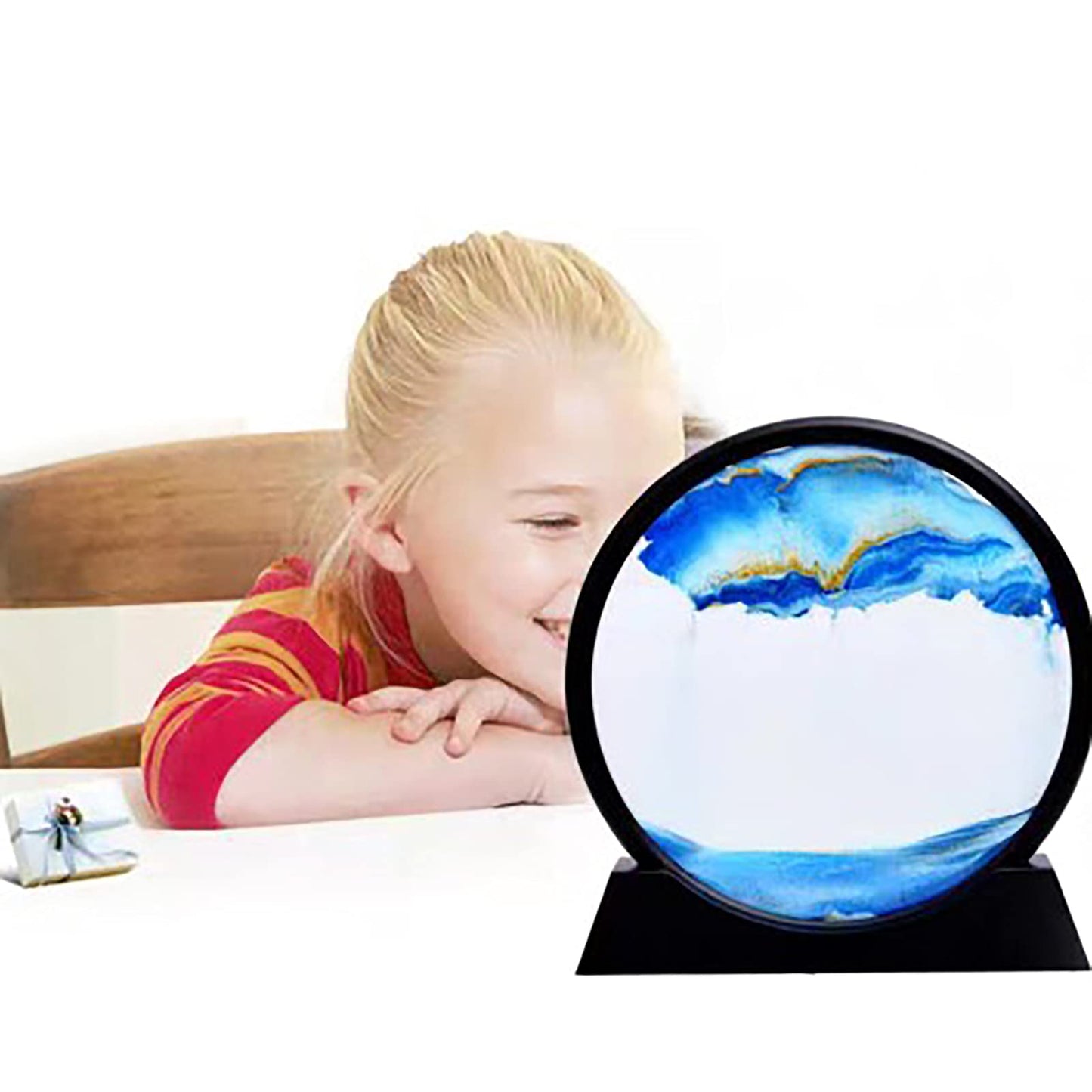 12 Inch Large Flowing 3D Natural Landscape Dynamic Art - Round Glass Deep Sea Sand Painting for Home Decoration, Blue