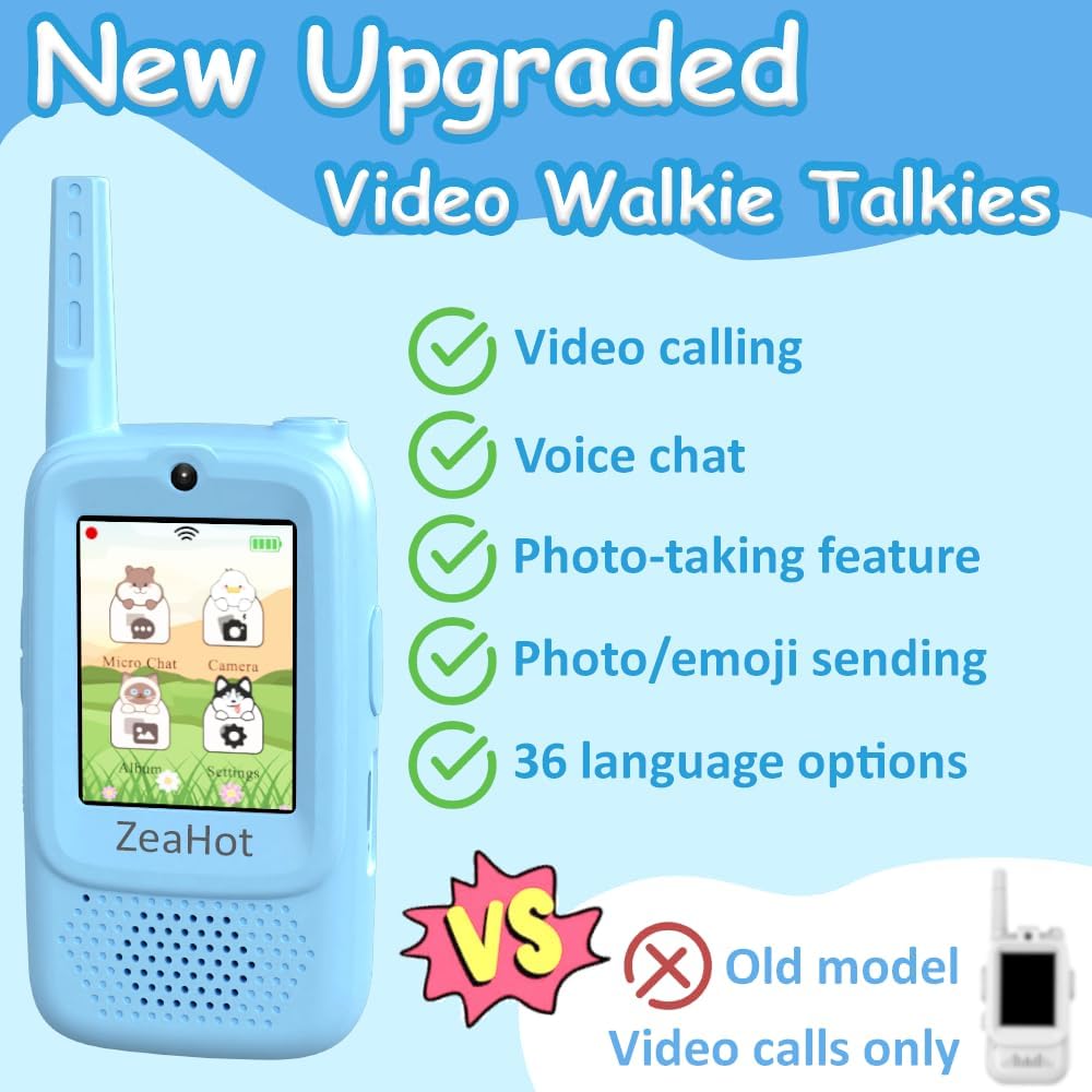 2026 Upgraded Kids Video Walkie Talkies 2 Pack, Rechargeable Long Range Walkie Talkies for Kids, Video Intercom with Photo Sharing, Voice Chat, Emoji
