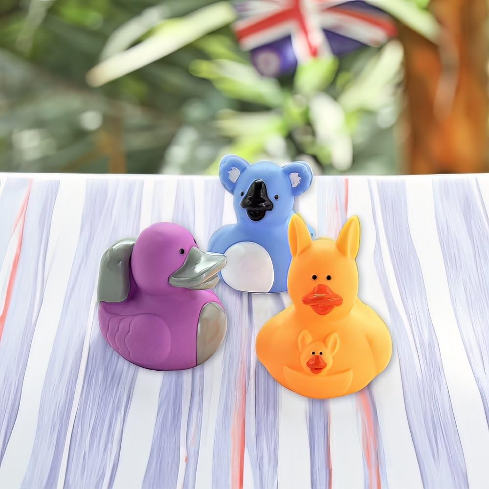 Fun Express Rubber Ducks, Assorted Styles, 12 Pieces, Birthdays, Grand Events, Party Favors, Table Decorations, Treasure Chest Supplies (Australian