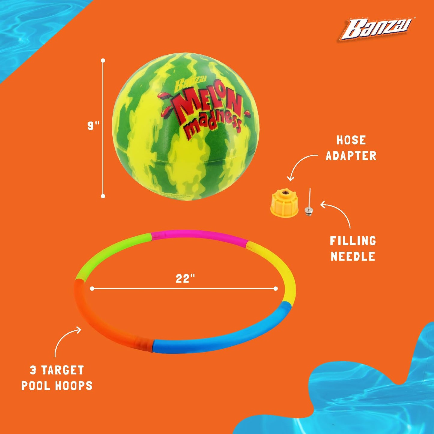 BANZAI Melon Madness Challenge - Underwater Ball Set 3 Hoops - Kids