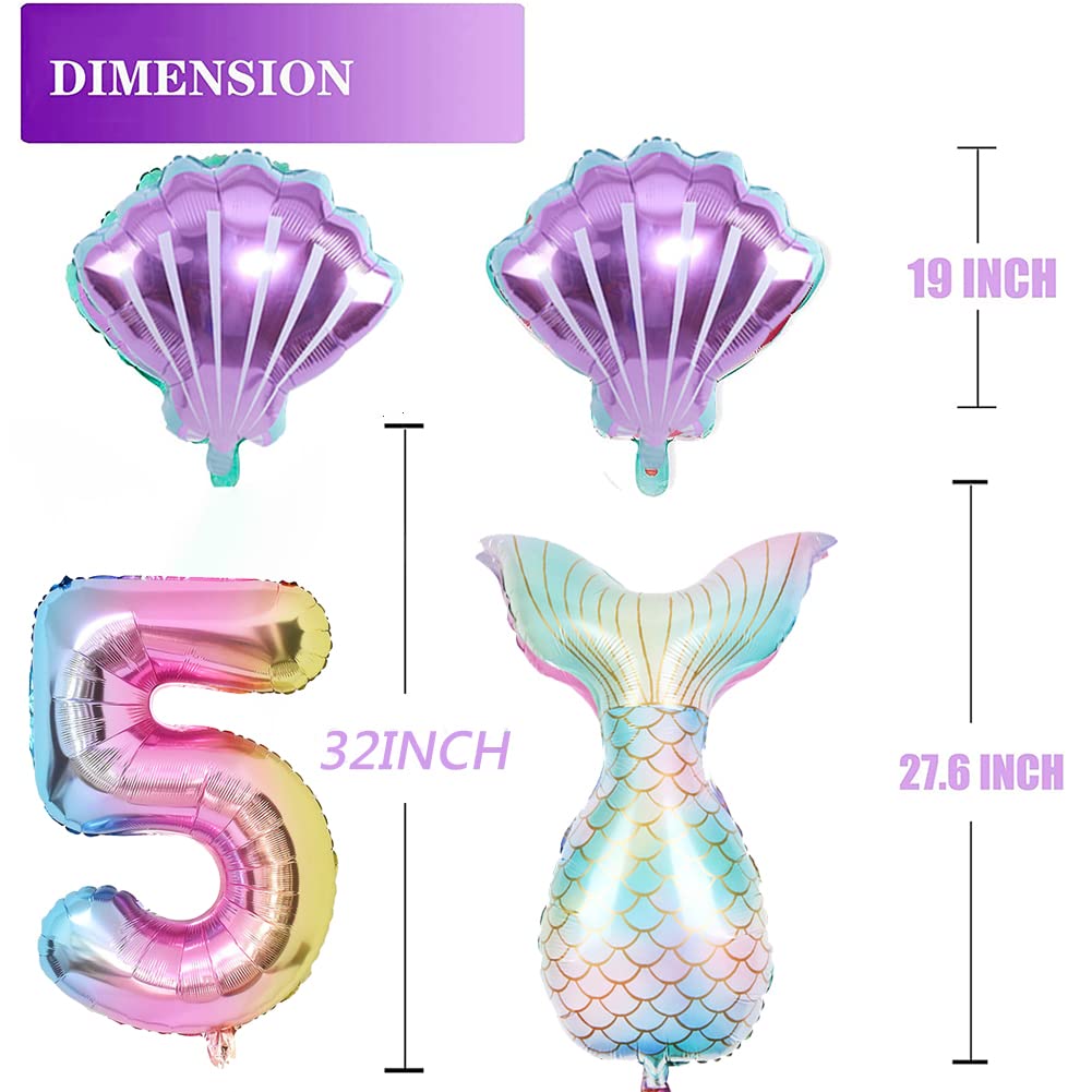 Mermaid Birthday Decoration Mermaid Balloons Kit Sea Balloon Tail Foil Balloon for Girls Party Decoration (Number 5)