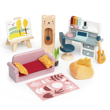Tender Leaf Toys - Dolls House Study Furniture 1:12 Scale 23 Pcs Furnished Room Dollhouse Accessories Miniature Pretend Play Age 3+