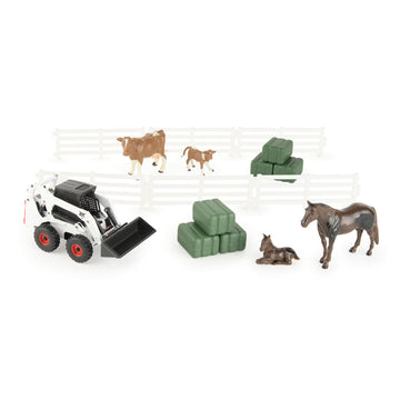 ERTL Bobcat Skid Steer Loader Farm Toys Playset - 1:32 Scale - Die-Cast Metal Construction Skid Steer - Includes Farm Animals, Fencing, and Hay Bales