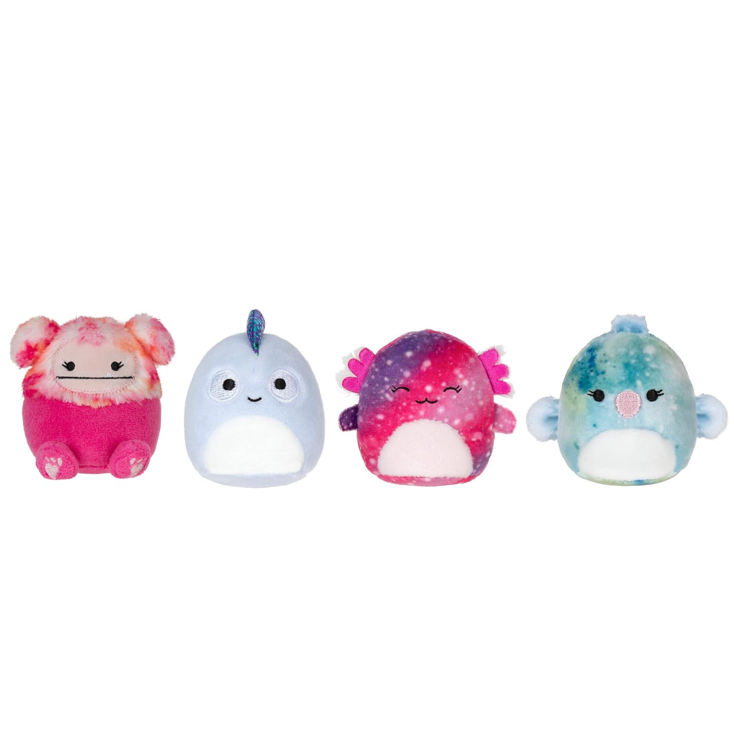 Squishville by Original Squishmallows Play and Display Storage - Four 2-Inch Plush Included - Big Foot, Axolotl, Parrot, Chameleon - Hang or Stand
