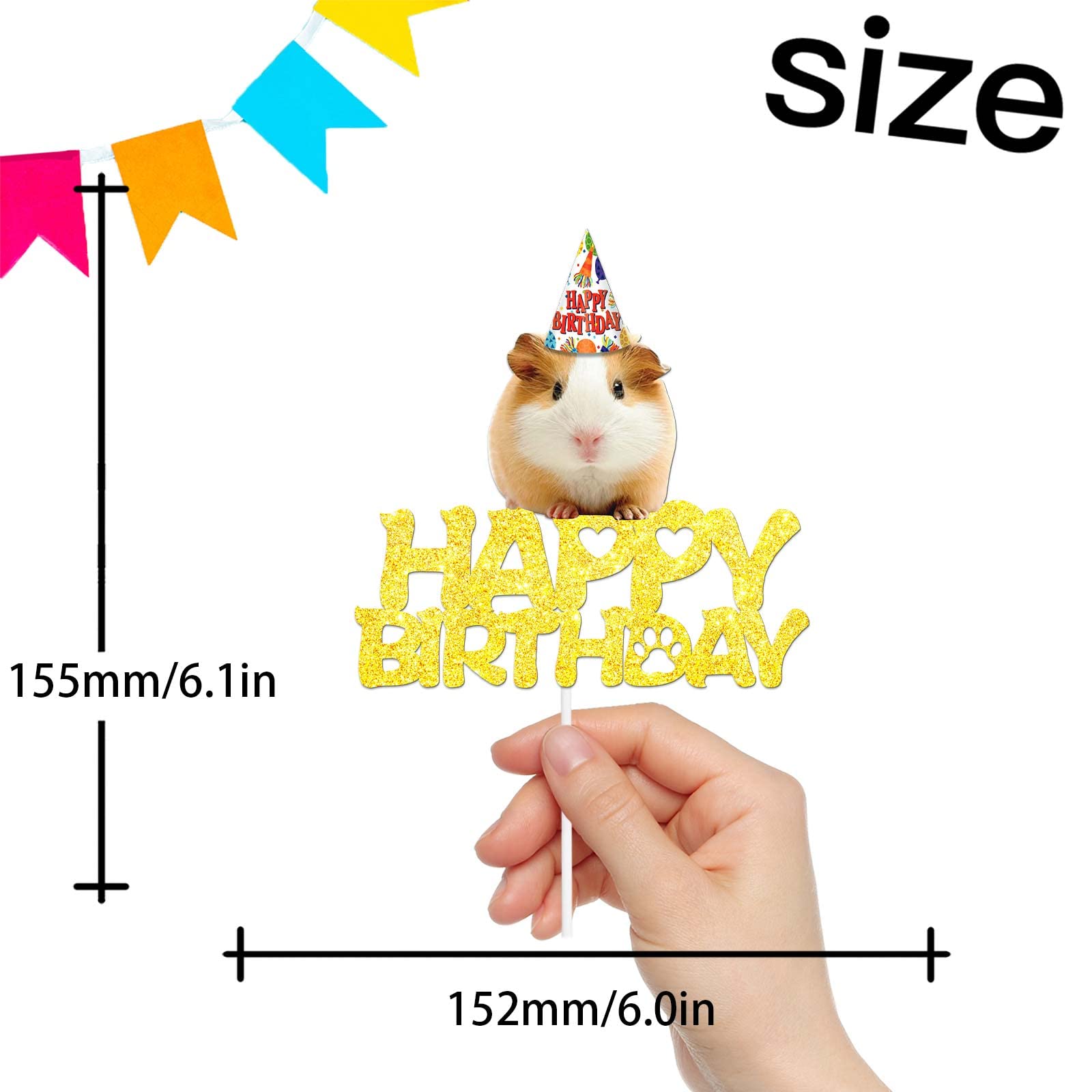 Gold Glitter Hamster Happy Birthday Cake Topper Baby Shower Boys Girls Birthday Party Decor Supplies Pick for Cute Lovely Guinea Pig Theme Decorations