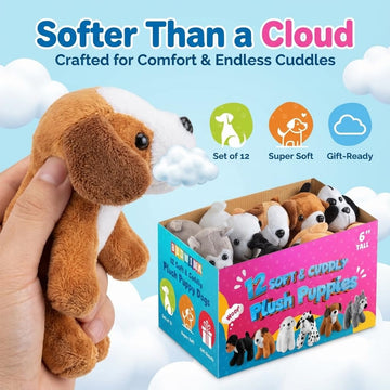 Bedwina Plush Puppy Dogs - (Pack of 12) 6 Inches Tall Small Stuffed Animals Bulk Assorted Puppies and Cute Stuffed Plushed Adopt-a-Puppy Dog