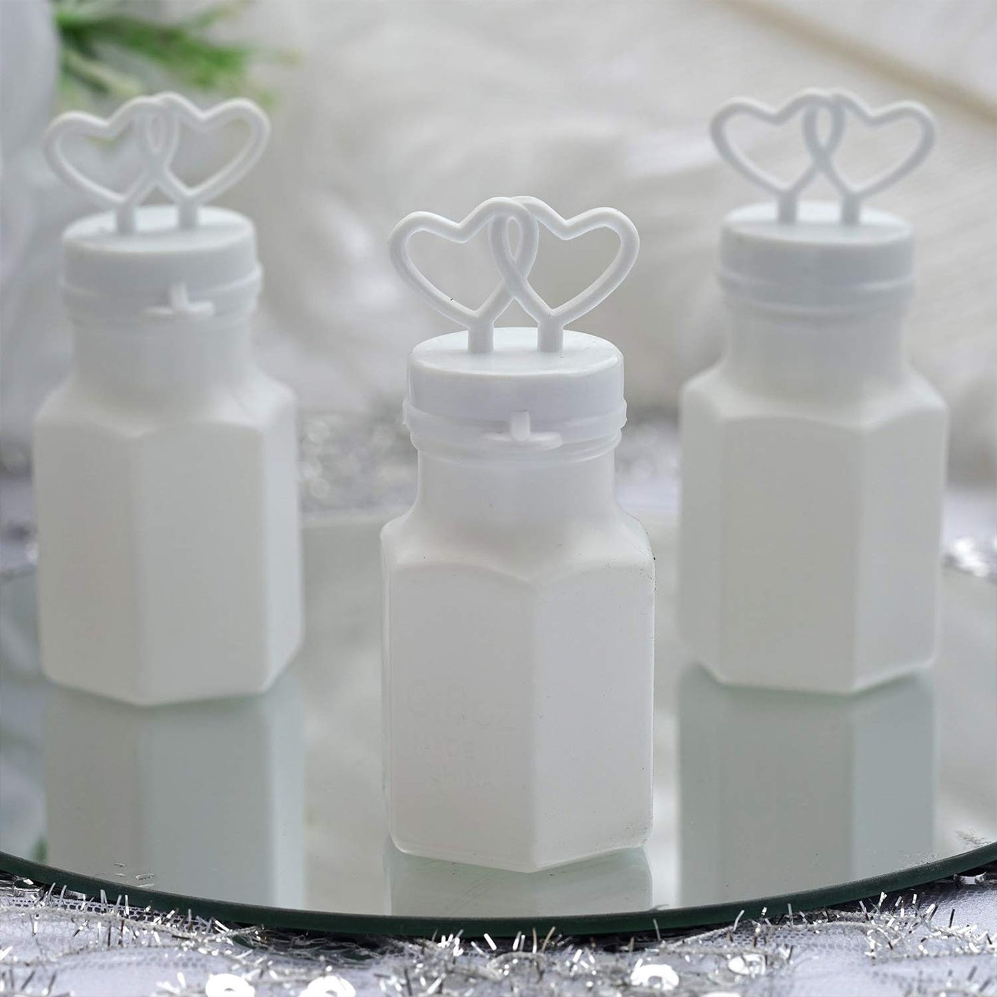 150 Pack White Double Heart Bubble Bottles, Pre Filled Wedding Party Favors