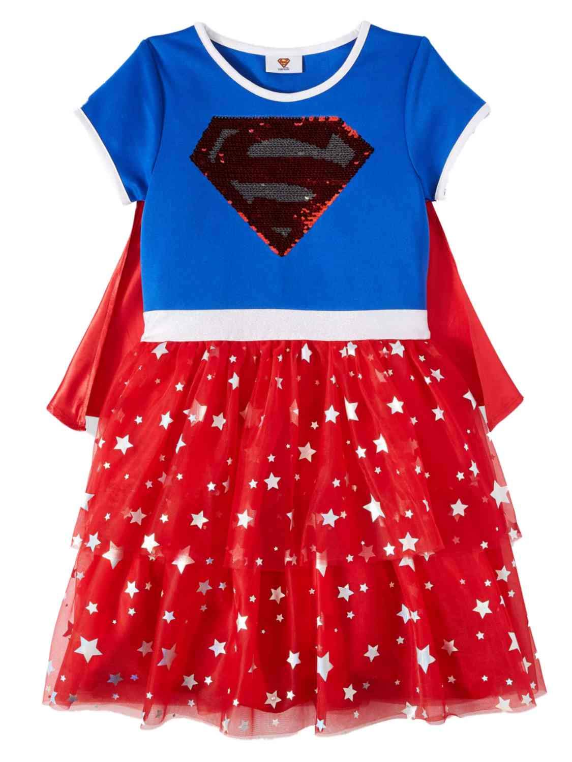 DC Comics Big Girls Supergirl Sequin Dress with Cape (Large 10-12) Multi