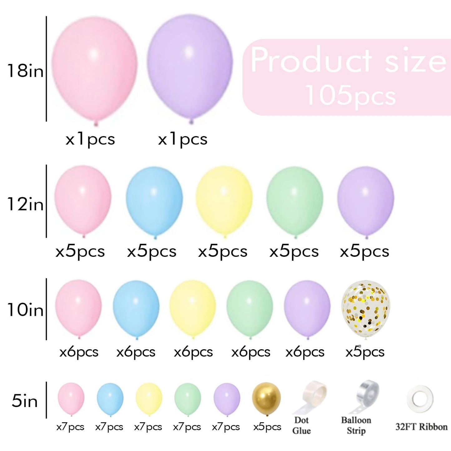 105pcs Pastel Balloons Arch Garland Kit 5" 10" 12" 18 inch Macaron Color Pastel Balloon Different Sizes and Gold Confetti Balloon Set for Easter