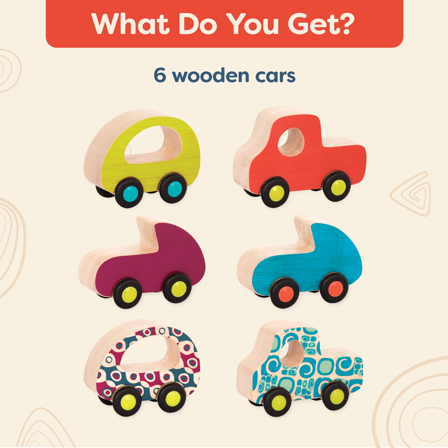 B. toys Wooden Toy Cars Set, Free Wheee-Lees, 6 Mini Vehicles, Wood Toys