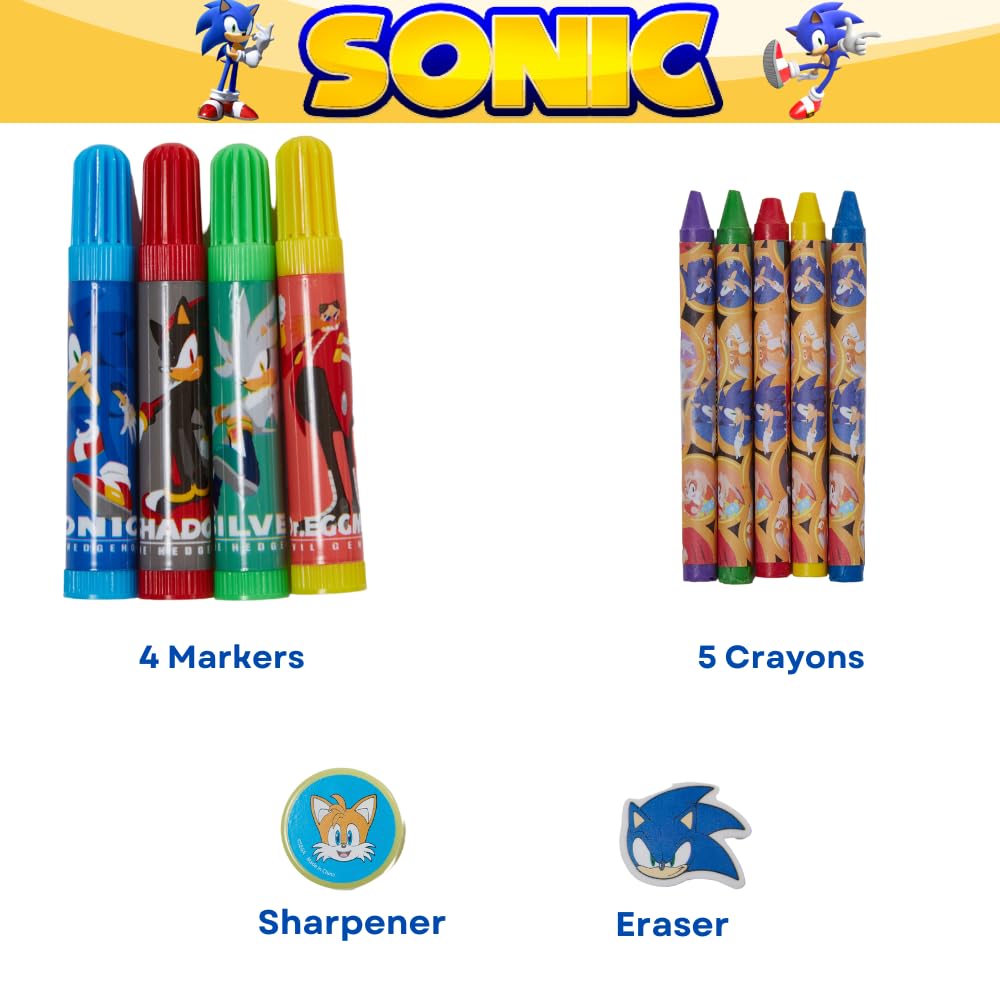 Sonic The Hedgehog Kids Coloring Art and Sticker Set, 30 Pcs. School & Craft Supplies with Pencil Case