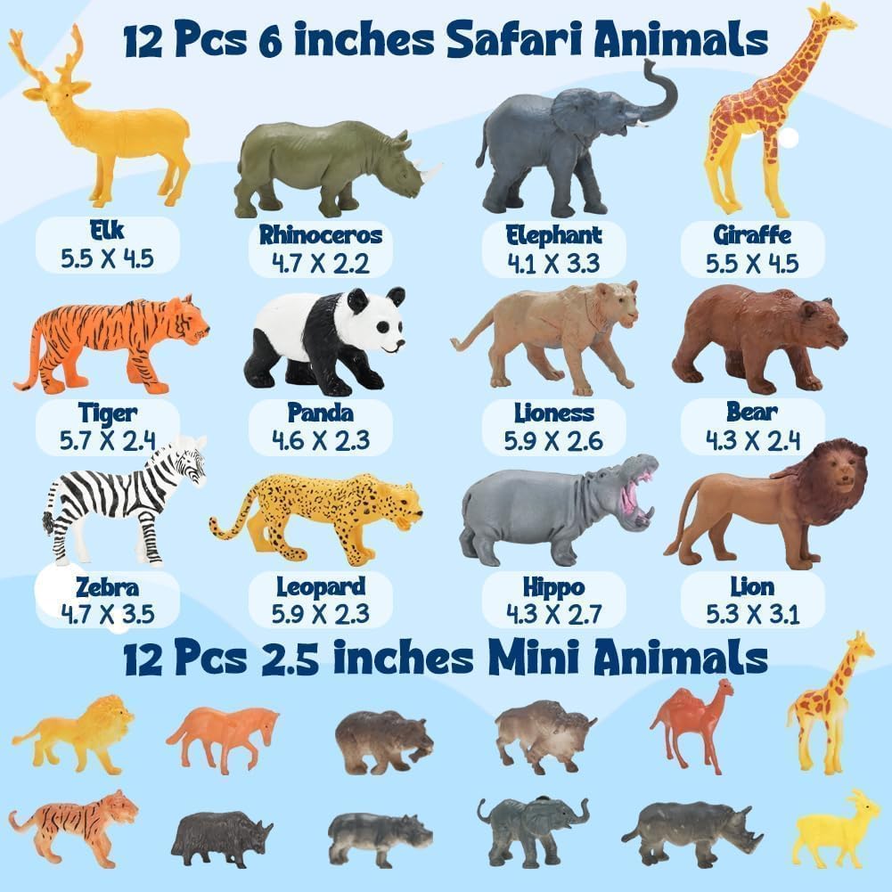 24Pcs Safari & Zoo Animals Figures, Realistic Plastic Animal Toys Set for Kids 1 2 3, Educational Jungle Animals Figures Playset, Party Supplies