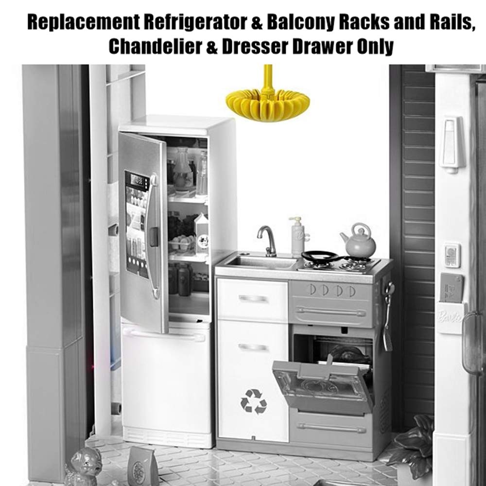 Replacement Parts for Barbie Dreamhouse Playset - FHY73 ~ Replacement Refrigerator and Balcony Racks and Rails, Chandelier and Dresser Drawer