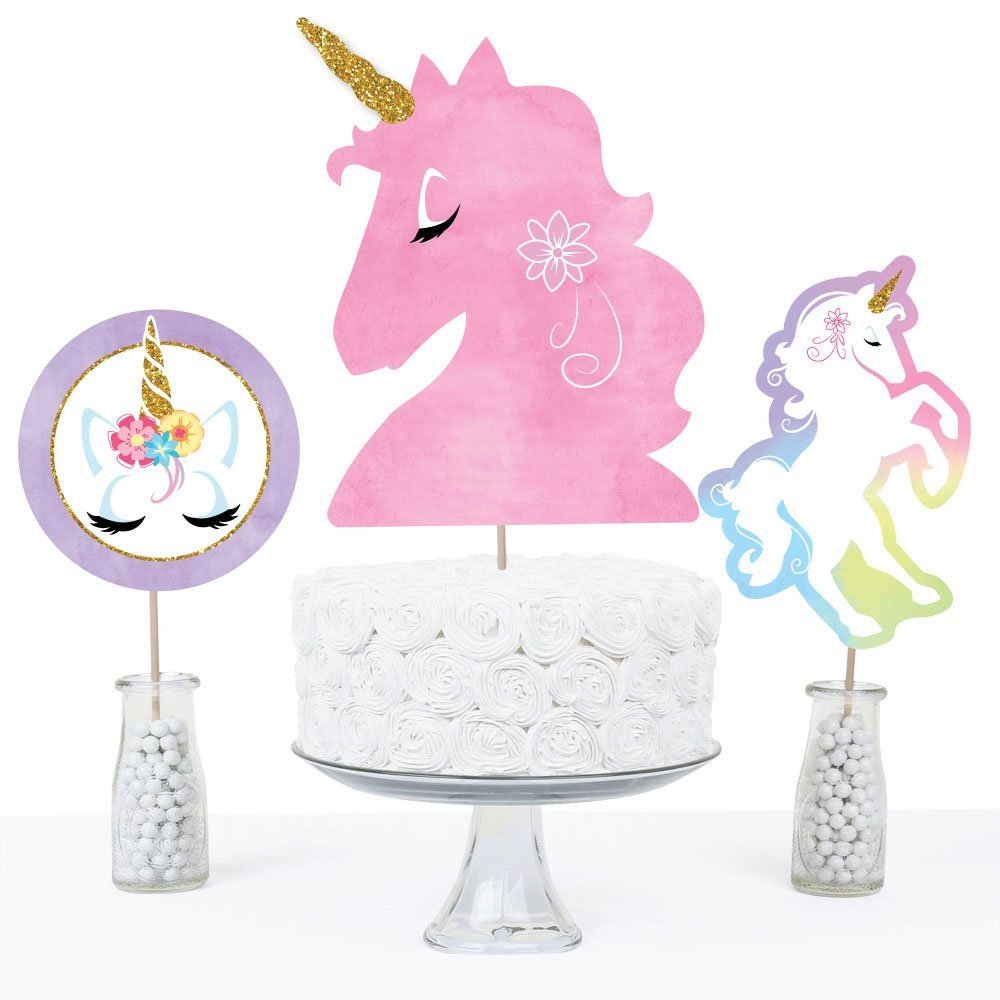 Big Dot of Happiness Rainbow Unicorn - Magical Unicorn Baby Shower or Birthday Party Centerpiece Sticks - Table Toppers - Set of 15
