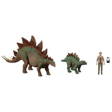 Jurassic World HHK91 A New Age Legacy Collection Dr Sarah Harding with Large and Small Stegosaurus Dinosaur, Authentic and Articulated Figures, 9.5