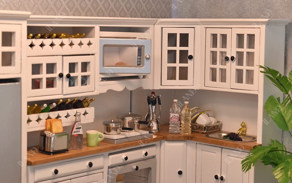 iLAND Dollhouse Furniture and Accessories Set Dollhouse Kitchen Modern Kit, Complete Miniature Cabinets Oven Refrigerator with Cookware fit 1/12 Scale