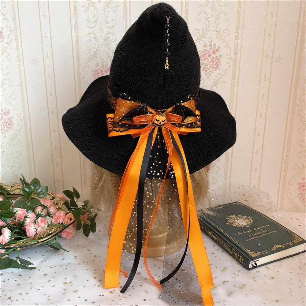 Cntqiang Lolita Halloween Witch Hat with Big Bowknot for Women Foldable Pointed Cap Costum for Christmas Cosplay Party(Orange)