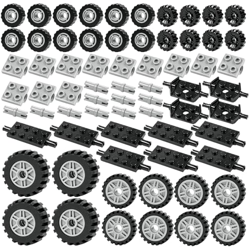 BroTex Wheels and Axles Building Blocks Set, Vehicle Truck Tires Compatible with Classic Bricks Car Parts