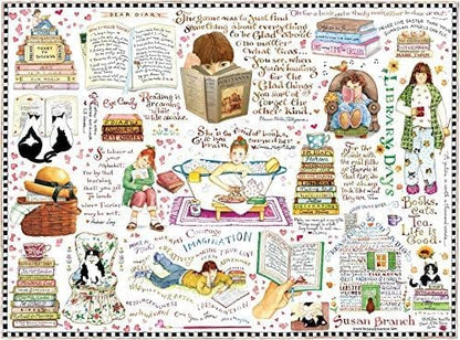 TF Publishing 1000 Piece Jigsaw Puzzle - Artist Susan Branch: Books and Cats - Colorful Illustrations - Interlocking Pieces - Sturdy Storage Box 8”x8”