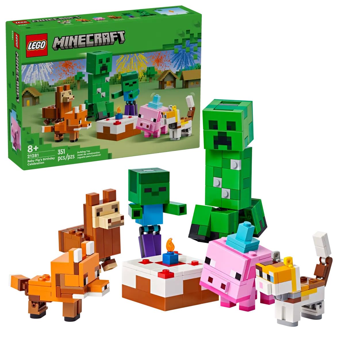 LEGO Minecraft 21281 Baby Pig’s Birthday Celebration - 351-Piece Build & Play Set with Creeper, Baby Pig, Fox, Llama, Cat, Zombie Mobs + Buildable