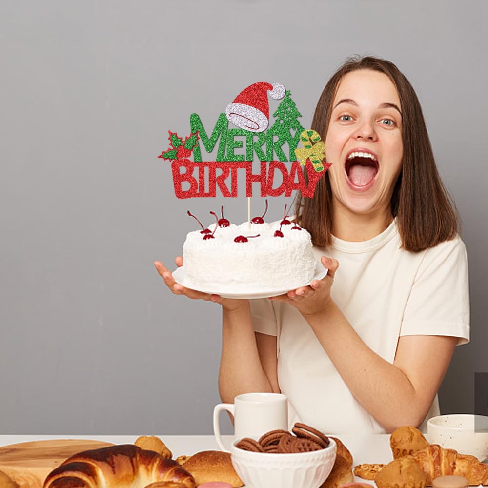 Naicaek Merry Birthday Cake Topper,Christmas Holiday Party Supplies