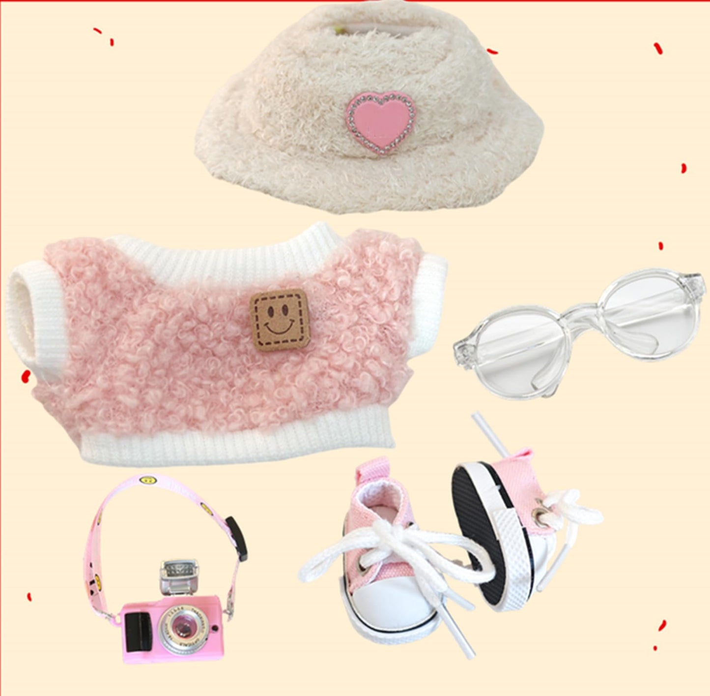 Clothes for Labubu Five-piece Set (No Doll), Including Clothes, Hats, Pants,Shoes, Cameras,Doll Accessories (Hat Shoes Camera)