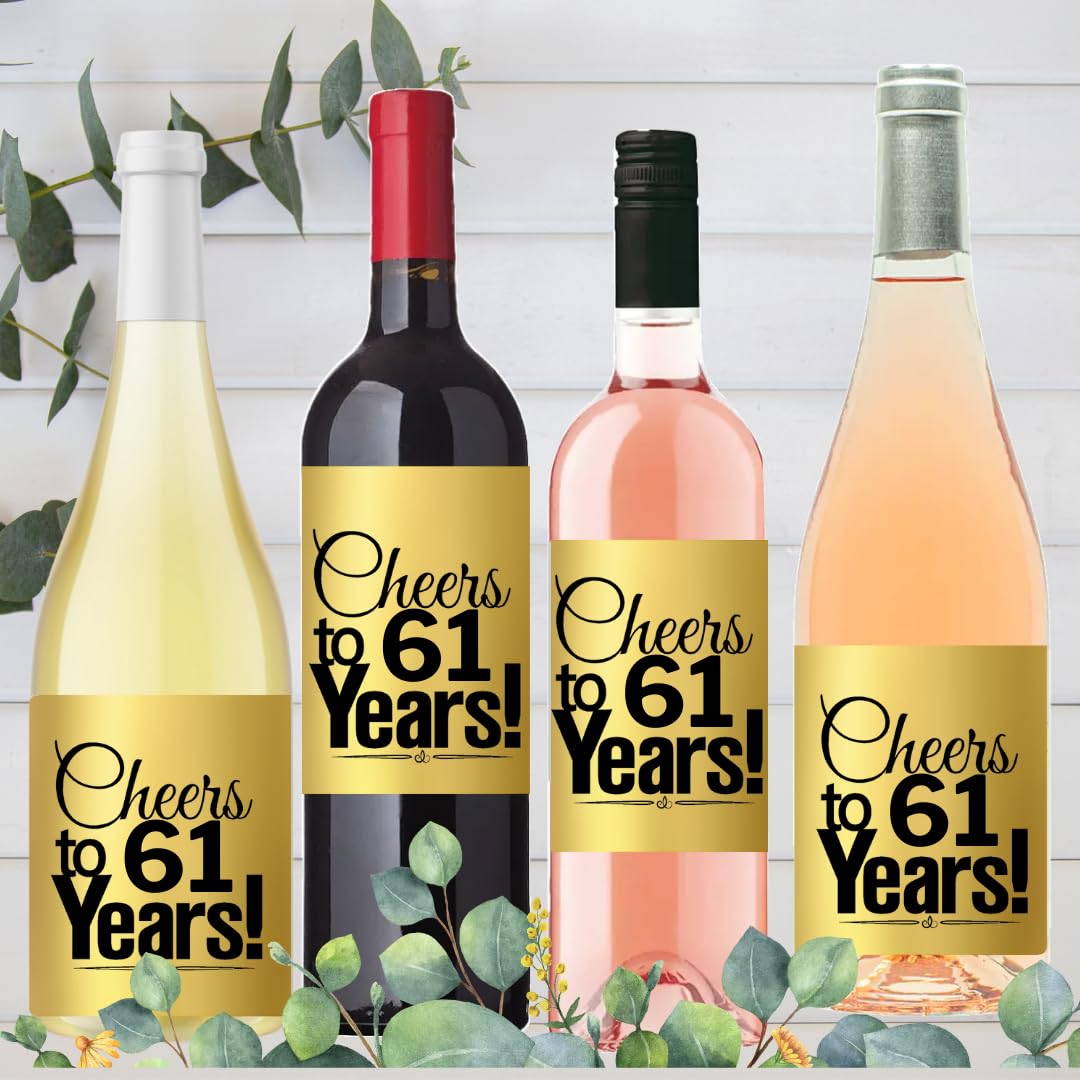 CakeSupplyShop Item#061CWB 61st Birthday/Anniversary Cheers Metallic Gold Wine Bottle Labels-8ct