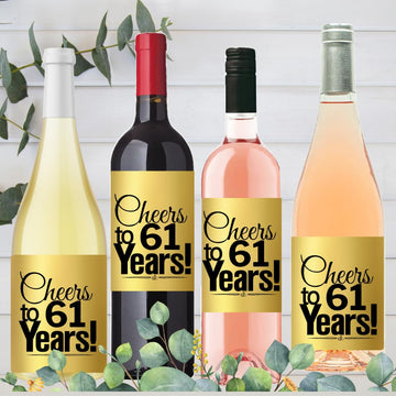 CakeSupplyShop Item#061CWB 61st Birthday/Anniversary Cheers Metallic Gold Wine Bottle Labels-8ct