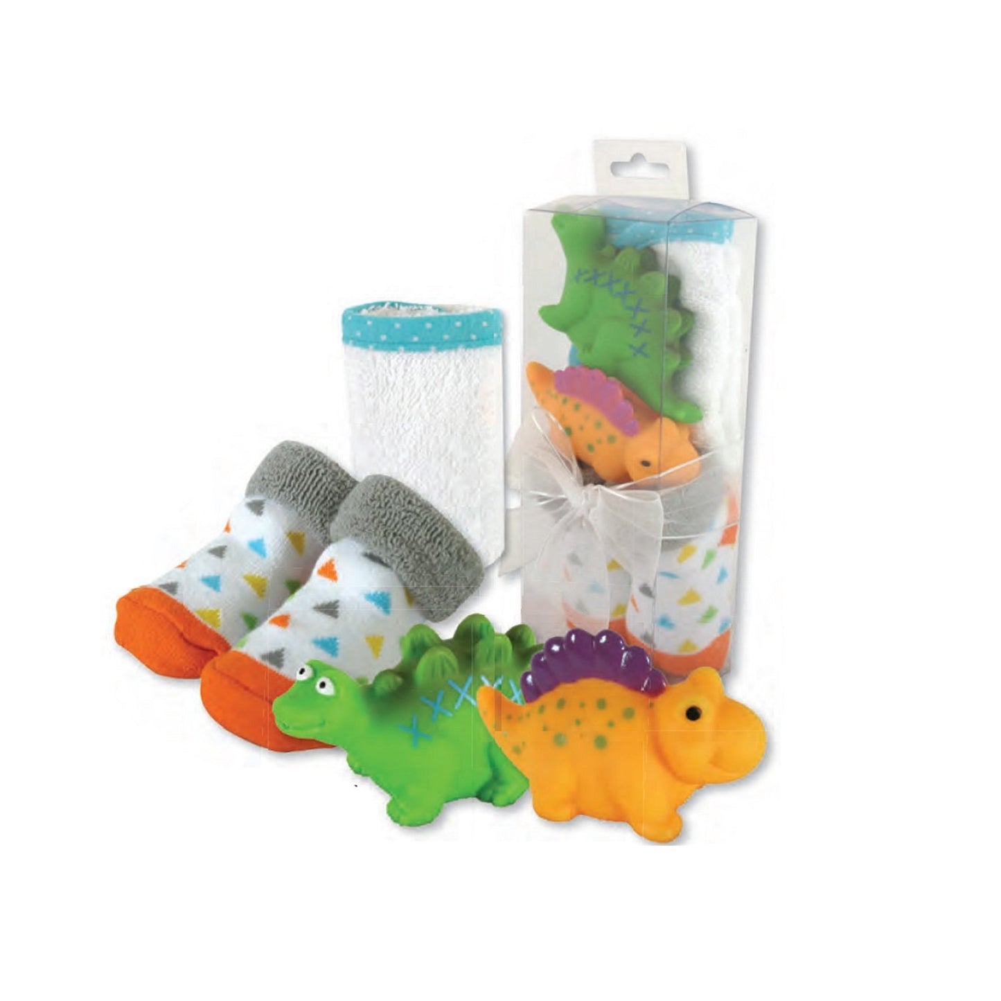 Stephan Baby Bath Squirter Tub Toys, Wash Cloth and Bootie Socks Gift Set, Dinosaurs