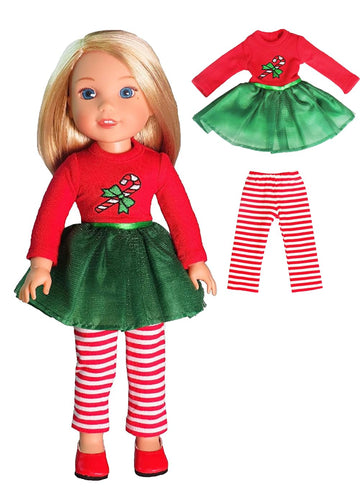 American Fashion World Candy Cane Tutu Dress Set for 14-Inch Dolls | Leggings Included |Premium Quality & Trendy Design | Dolls Clothes | Outfit
