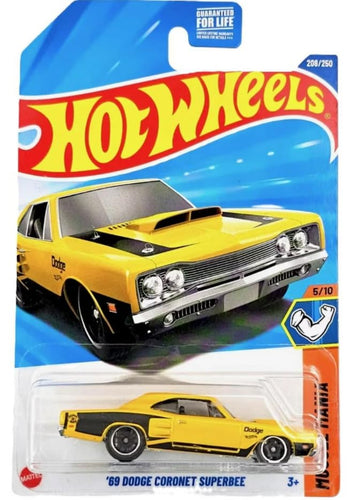 Hot Wheels '69 Dodge Coronet Superbee [Yellow] Muscle Mania 5/10, 208/250, 1:64 Scale Diecast Vehicle