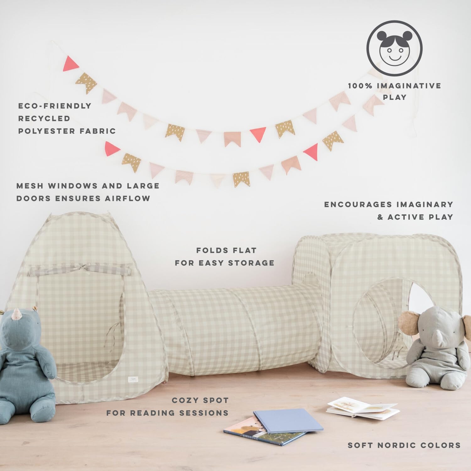 3 Sprouts Play Tent and Tunnel Set, 3-in-1 Pop Up, Gingham Beige