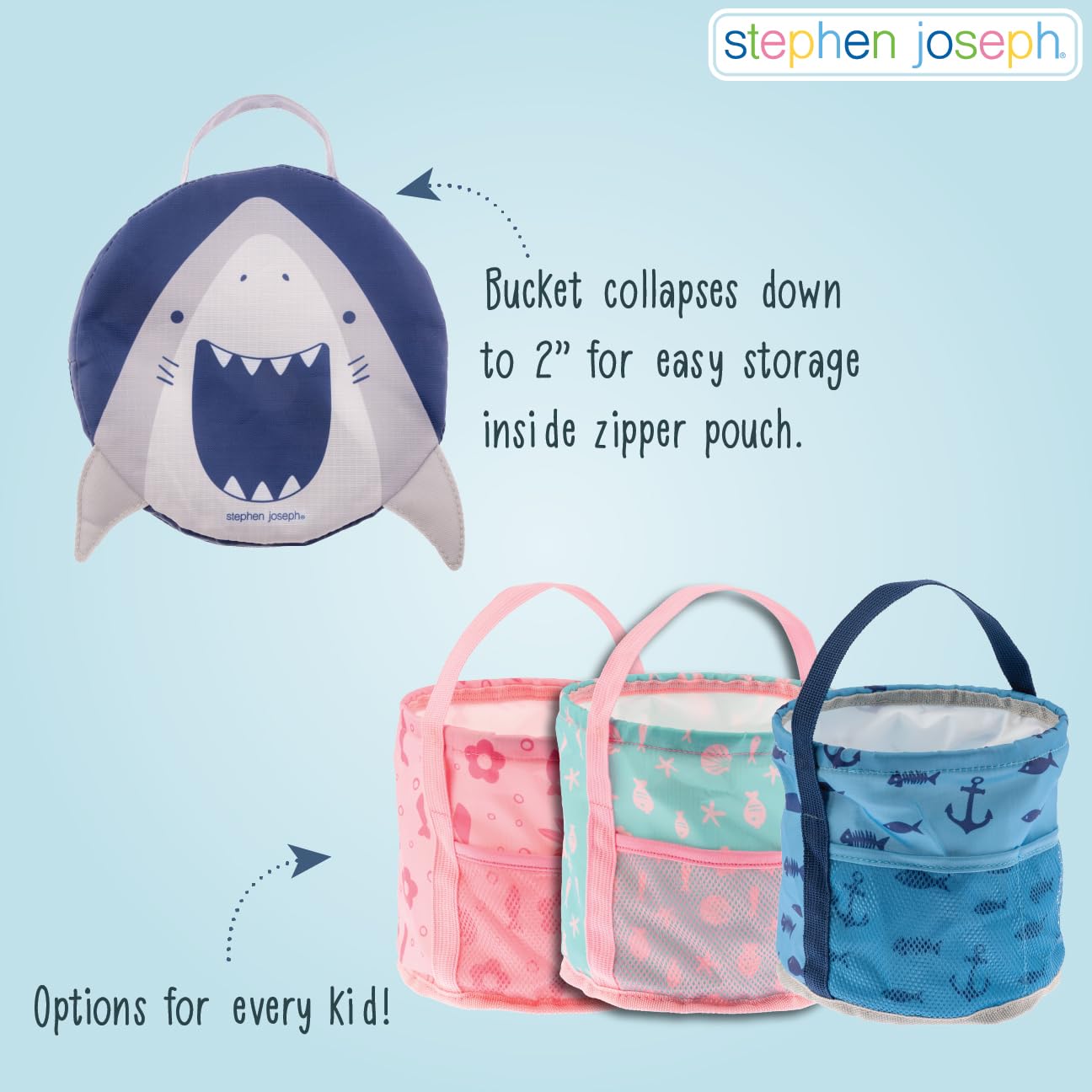 Stephen Joseph, Collapsible Beach Buckets for Kids, Foldable Sand Bucket, Shovels with Beach Bag Toys, Sand Pails for Toddlers Beach Toys, Family