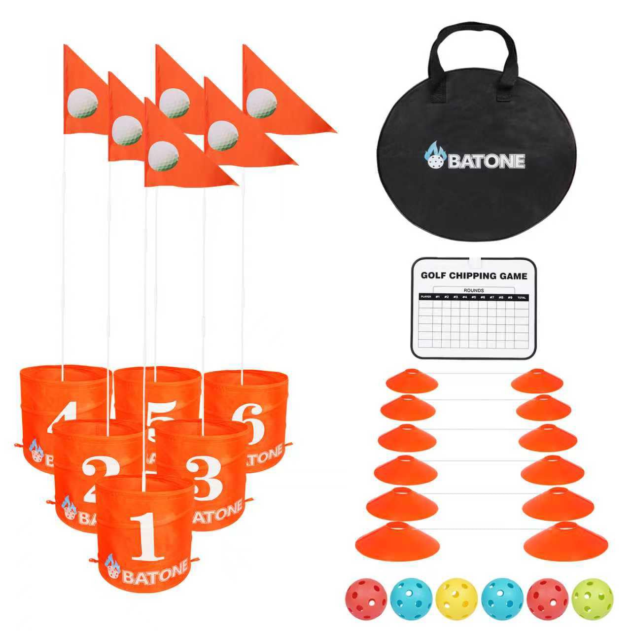 BATONE Golf Bucket Game for Family, Adults and Kids Portable 6 Hole Golf Course with Balls and Flag, Outdoor Indoor Golf Yard Game for Park, Beach