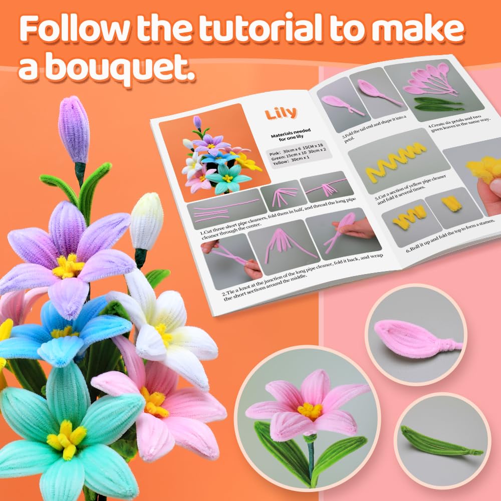 GAGANIU 300pcs Craft Pipe Cleaners, 20 Colors Chenille Stems with Flowers Manual for Crafts - 12 inch Craft Supplies for DIY Projects, Art Activities