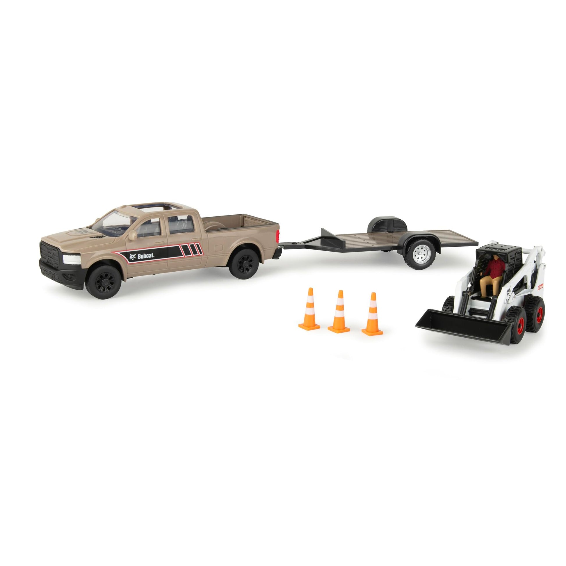 TOMY Bobcat Construction Toys - 1:32 Scale - Includes Pick Up Truck, Skid Steer, Trailer, Worker, and Cones - Collectible Die-Cast Skid Steer - Indoor
