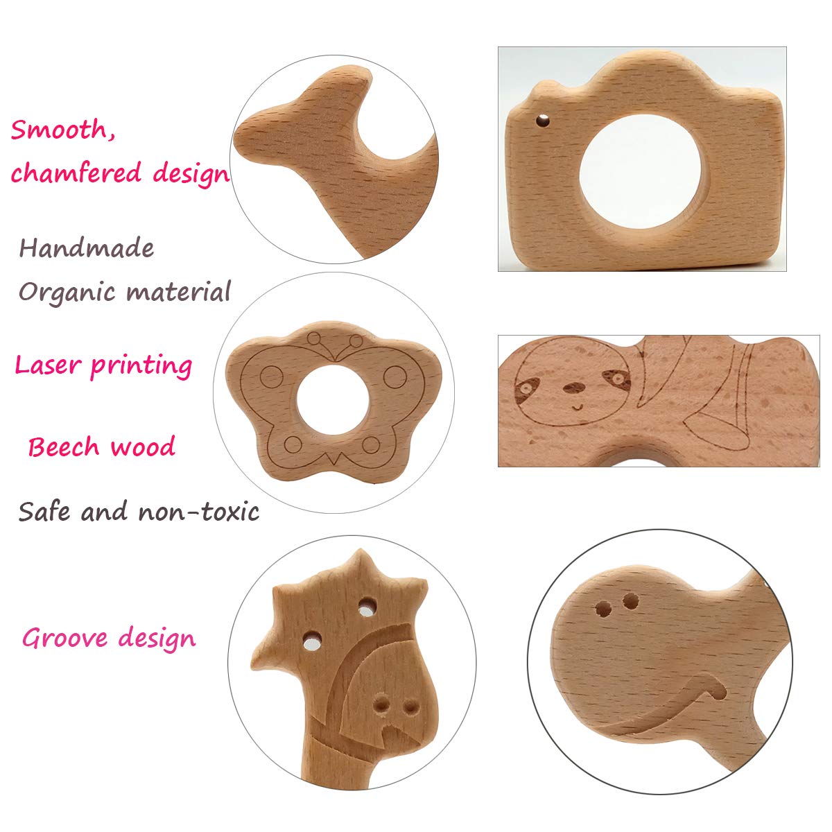 10pcs Lovely Cartoon Wood Dinosaur Pure Natural Animal Shape Beech Wooden Handmade Laser Printed Pattern DIY Necklace Pendant (Dinosaur)