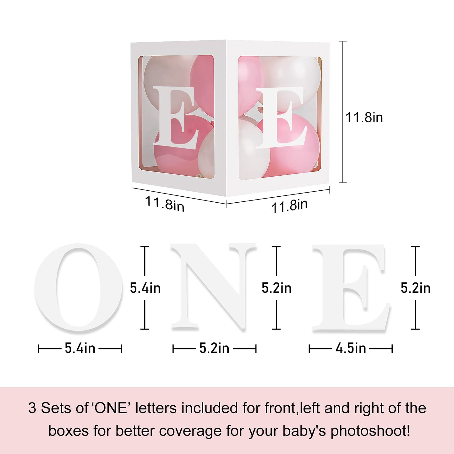 Baby Girl First Birthday Party Decorations 'ONE' Letters Individual Three White Transparent Square Boxes with 24 Balloons Decor for 1 Year Old Baby