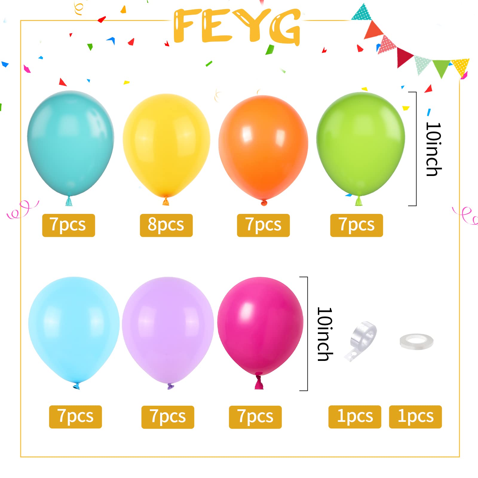 Rainbow Balloons, 50PCS Colorful Tropical Balloons Arch Neon Balloon in Blue Green Purple Yellow Orange Hot Pink Bright Color Balloon for Birthday