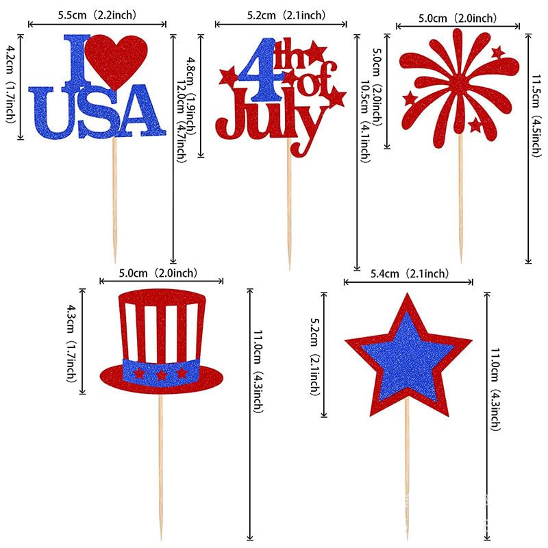 YuBoBo 4th Of July Gillter Cupcake Toppers Decorations Patriotic Independence Day Party Supplies Cake Dessert Ice Cream Toppers Accessories