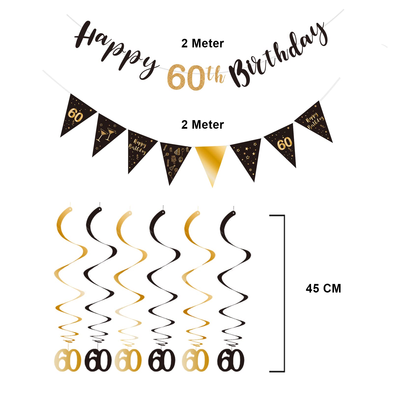60th Birthday Decoration Kit, Happy 60th Birthday Banner Bunting Swirls Streamers, Triangle Flag Banner for Birthday Party Decorations Supplies Black
