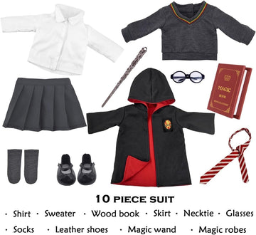 ebuddy 18 Inch Doll Clothes 10Pcs Magical School Outfit, Doll Costume with Wand & Glasses, Gift for Girls (No Doll)